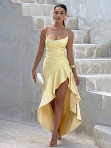 Vestido de tirantes con abertura y volantes en el bajo, de unicolor y sexy para mujer - Amarillo - Ver 3