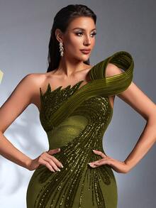 IBTRLY 春夏优雅草绿色弹力面料珠饰亮片开衩礼服，适合晚宴、婚礼、情人节、生日、毕业典礼等场合（装饰繁复）（尺码偏大，建议参考尺码表） - 草綠色 - 查看 2