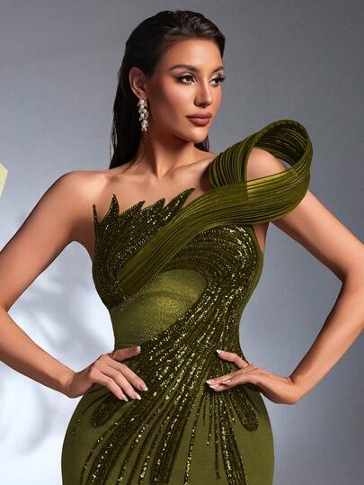 IBTRLY Elegant Stretch Fabric Beaded Sequin Applique Slit Formal Evening Party Wedding Gown, Valentine's Day