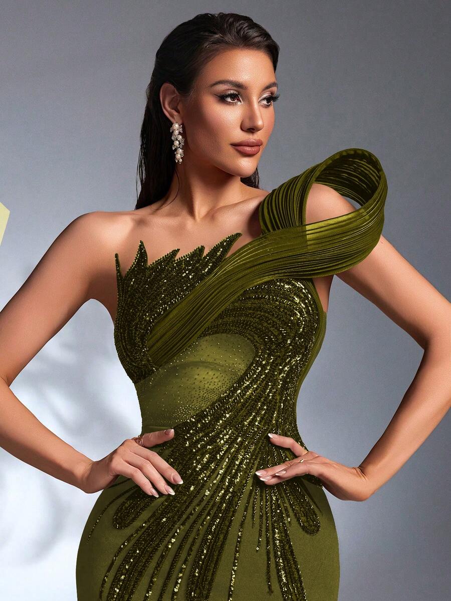 IBTRLY 春夏优雅草绿色弹力面料珠饰亮片开衩礼服，适合晚宴、婚礼、情人节、生日、毕业典礼等场合（装饰繁复）（尺码偏大，建议参考尺码表）