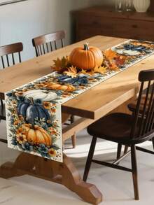1pc Line Autumn Table Runner - Vibrant Fall Design With Orange, Blue, And White Pumpkins, Daisies, And Leaves - Perfect For Thanksgiving Kitchen Or Dining Room Decor 13x35.4/47.2/63/72/78.7 Inches