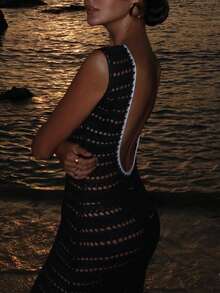 Knit Mix Women Round Neck Sexy Minimalist Fitted Floral Print Mini Dress, Spring/Summer (Pattern Random) - Black - View 1