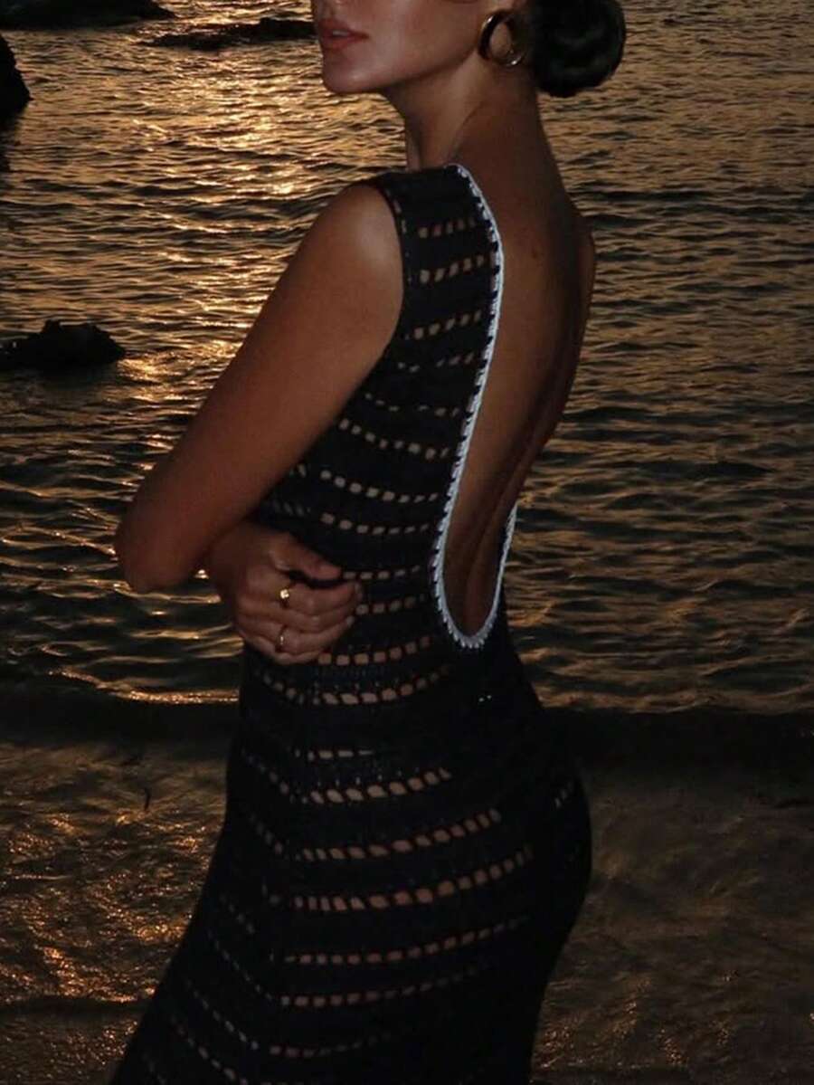 Knit Mix Women Round Neck Sexy Minimalist Fitted Floral Print Mini Dress, Spring/Summer (Pattern Random) - Black - View 1