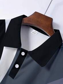 Camisa polo de manga larga para hombre, diseño geométrico de patchwork en blanco, negro y gris con un estilo minimalista, líneas elegantes que transmiten sofisticación, cuello clásico de polo con cierre de botones, tela cómoda, versátil para el trabajo, casual, al aire libre, primavera/otoño - Negro - Ver 3