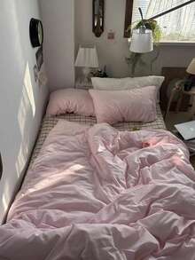 Bộ chăn ga gối đệm cotton màu hồng đơn giản 100% cotton Sakura Pink kiểu dáng INS, 3 món, 2 vỏ gối + 1 vỏ chăn (Không có ga trải giường) - Hồng - Xem 4