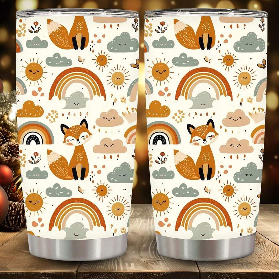 1pc 12oz/20oz Cute Fox And Rainbow Pattern Tumbler With Lid And Straw, Insulated Travel Mug For Fall, Gift For Women Men, Ideal For Halloween, Memorial, Christmas, Birthday Gift, Iced/Hot Coffee Cup - 20盎司 - 查看 1