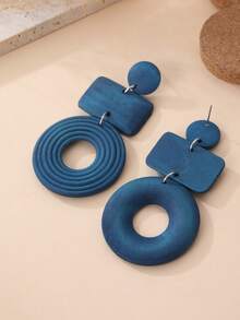 Natural Geometric Wooden Patchwork Long Earrings, Suitable For Beach, Party, Travel, Holiday, Daily Wear And Gift - Navy Blue - View 6