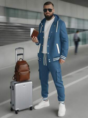 1 Set Men Fashion Simple Single-Breasted Hoodie Jacket + Multi-Pocket Pants Two Pieces Suit, Exquisite Monochrome Set, High-Quality Fabric, Fall Clothes