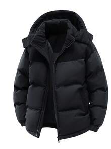 1 件男士灯芯绒拼接连帽棉服，适合日常休闲穿着，冬季棉服 - 黑色 - 查看 4