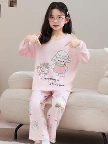 2pcs/Set Flame Retardant Girls Pink Cartoon Sheep Print Crew Neck Long Sleeve Pajama Set