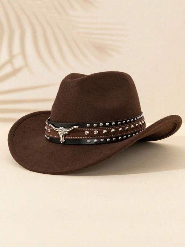 1 Stück Unisex Cowboyhut mit abnehmbarem dreireihigem Nieten-Silber-Stierkopf-Stirnband Dekoration, geeignet für Lässig-Wear, Alltag und Feiertage, Cowboy-Partys, Partys