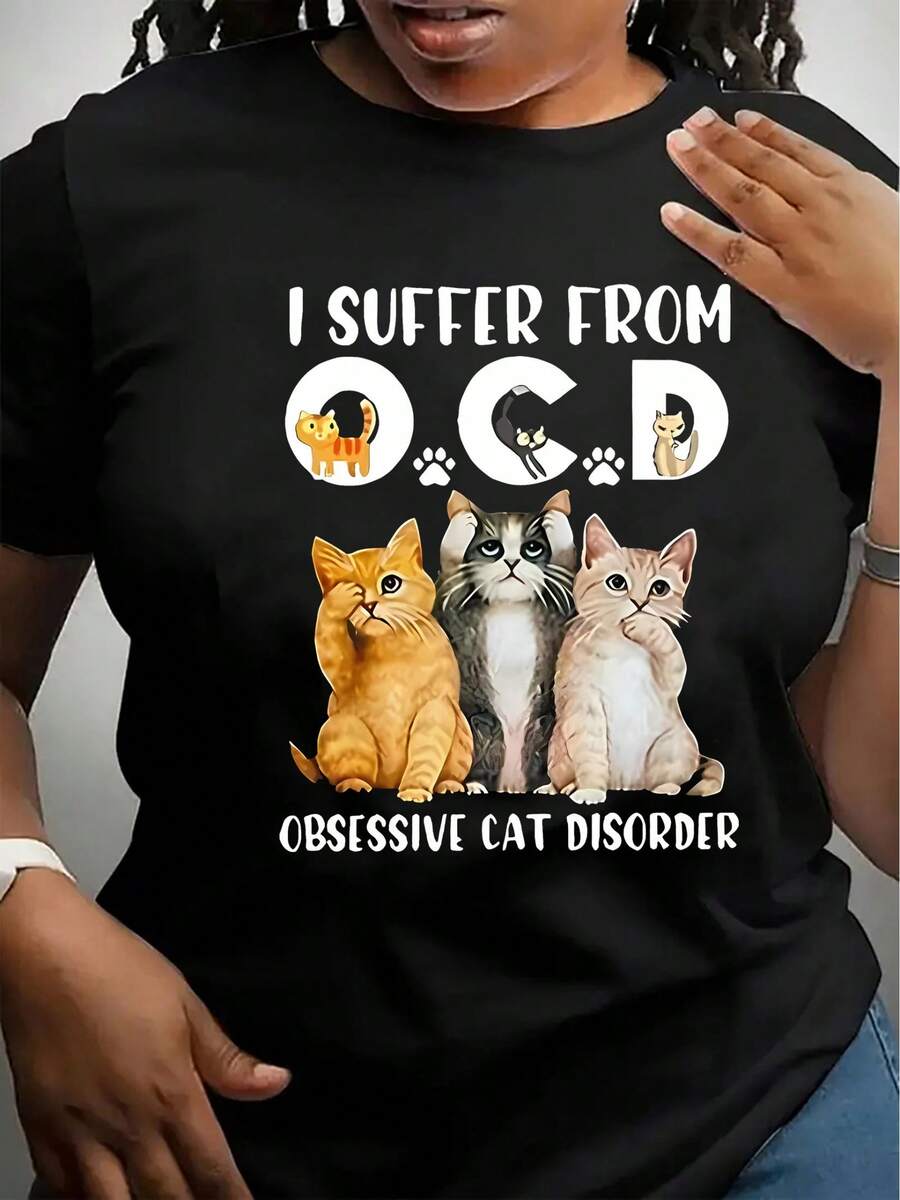 Camiseta gráfica "Sufro de TOC" para hombres y mujeres con gatos de dibujo animado - Casual, de manga corta, cuello redondo, comodidad para todas las estaciones, ropa casual de vacaciones, ropa casual| Diseño Juguetón| Cómodo - Negro - Ver 1