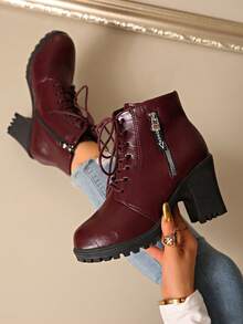2025 New Women's Boots High Heel Thick Sole Waterproof Platform Ankle Boots, Chunky Heel, British Style, Wine Red, Autumn/Winter