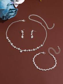 简约新娘项链时尚首饰套装，优雅百搭水钻精致爪链项链耳环手链戒指套装 4 件套 - 金色 - 查看 5