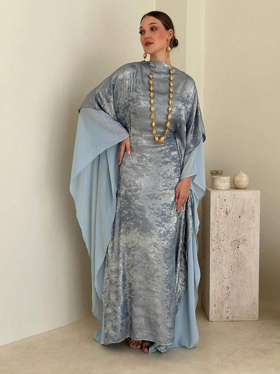 中东风格套头连衣裙，金箔雪纺拼接，束腰女式连衣裙