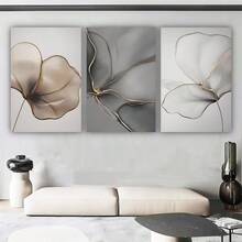 Conjunto de 3 peças de arte de parede elegante com estampa floral abstrata em tela – bege, cinza e dourado – pôsteres minimalistas botânicos modernos, quadros, pintura em tela, presente ideal para decoração de sala de estar, decoração de casa, decoração de banheiro, itens diversos, sem moldura, 50x70cm/19,68x27,55 polegadas