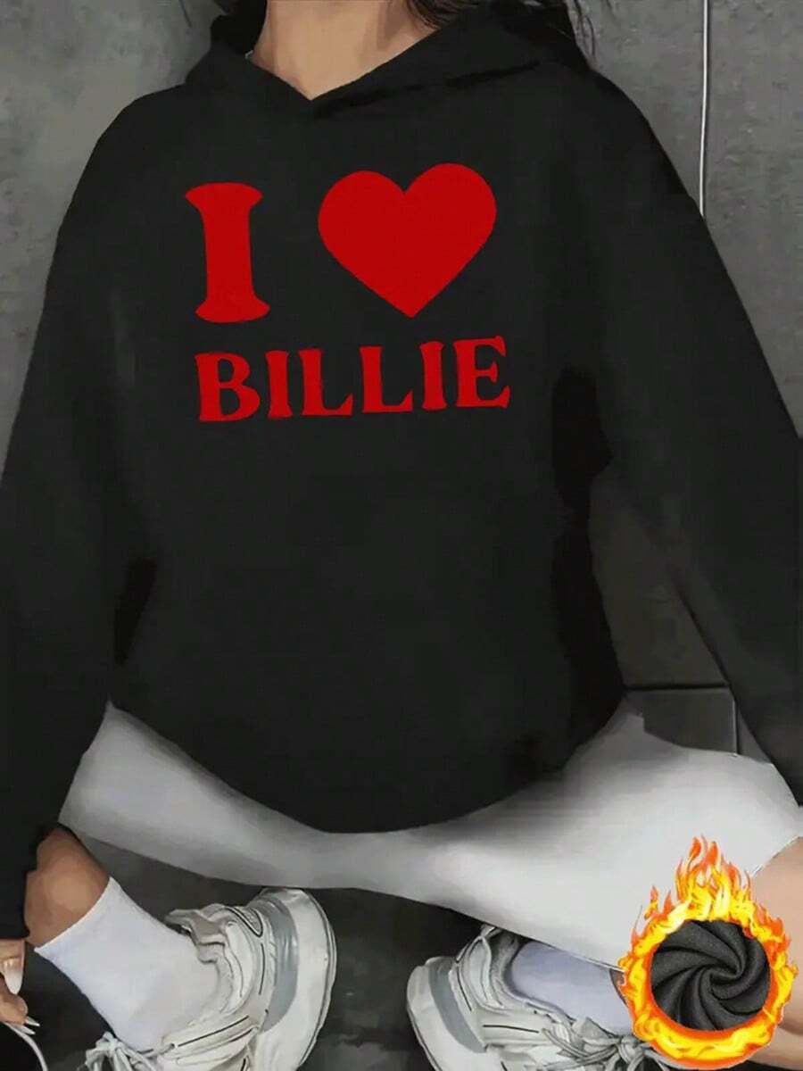 Women'S "I ️ BILLIE" Graphic Hoodie - Black Casual Streetwear With Red Heart Design, Polyester Pullover With Stretchy Fabric, Long Sleeve, Relaxed Fit, Multiple Sizes Available, Casual Wear Hoodie | Playful Print Hoodie | Polyester Hoodie,Fall Hoodies,Men's Fall Clothes,Street Wear,Halloween,Mens Hoodies,Y2k Clothes,Jesus Hoodie,Thanksgiving Day,Nightmare Before Christmas,Christmas - Black - View 1