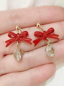 CVNANA 2 件法式时尚复古红色蝴蝶结吊坠耳环，精致可爱百搭女士耳环，适合日常佩戴、派对、节日、圣诞耳环、新年耳环，理想的礼物 - A - 查看 6