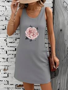 Elegant Rose Floral Design Dress - Grey - View 1
