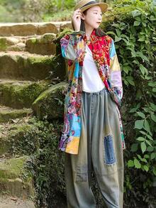 LUZU JUNU Women's Trench Coat Floral Print Long Cotton Linen Jacke Cottagecore Clothing Patchwork Outwear Bohemian Unique - 復古灰色夾克 - 查看 7