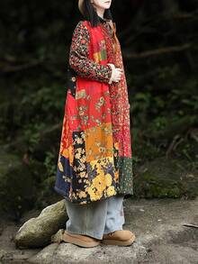 LUZU JUNU Women's Trench Coat Floral Print Long Cotton Linen Jacke Cottagecore Clothing Patchwork Outwear Bohemian Unique - 黃色毛絨襯裡 - 查看 8