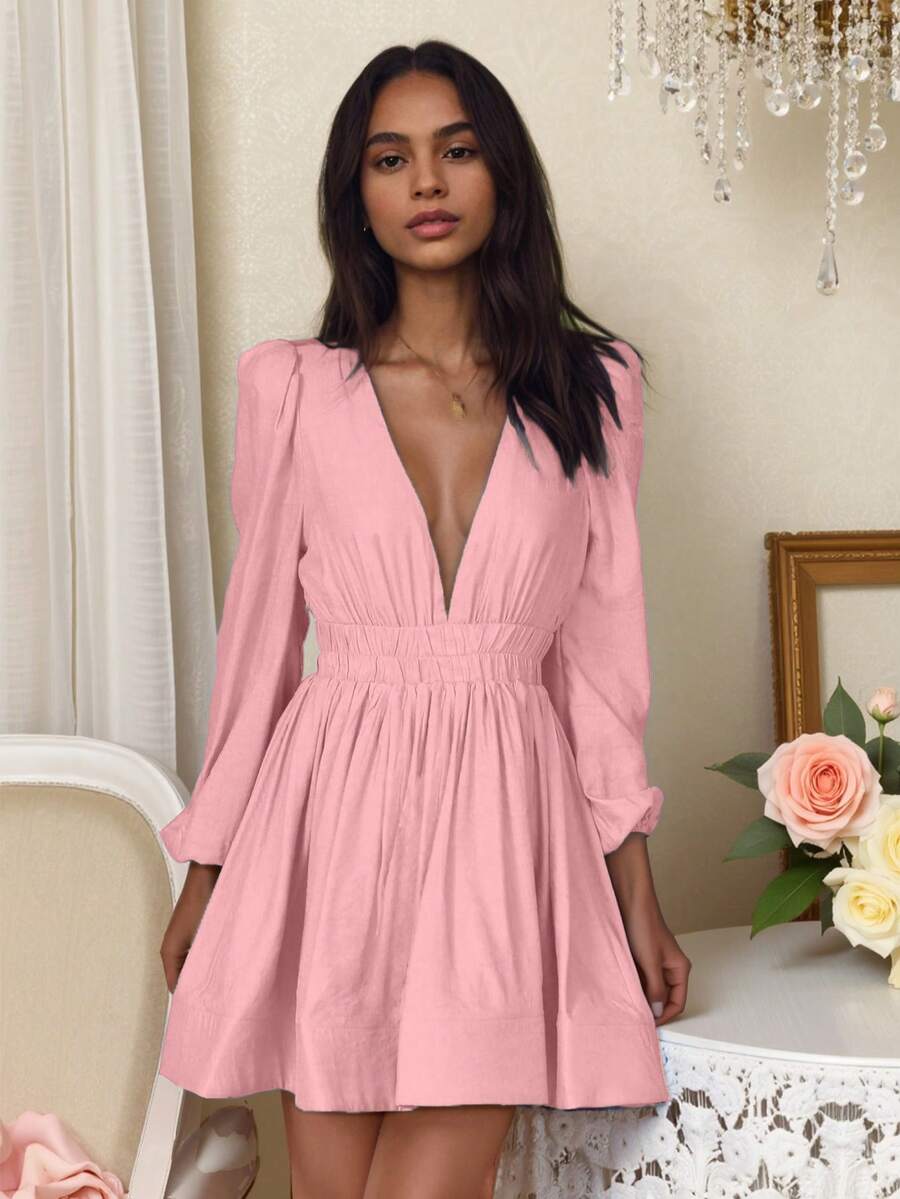 Vestido corto casual de mujer con cuello en V y línea A, manga a la altura de la muñeca, hecho de tela tejida de verano - Rosa - Ver 1