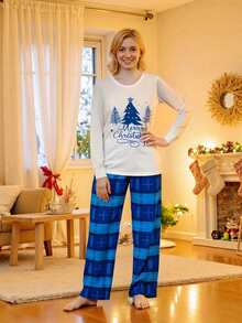 Christmas Family Pajamas Matching Set, Letters Tree Print T-Shirt With Plaid Pants Sleepwear Loungewear