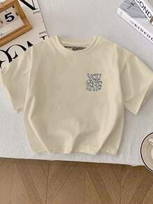 Boys' Summer Short Sleeve T-Shirt, Fashion Casual, Featuring 3D Liquid Letter Print And Round Neck Design - Khaki - View 2