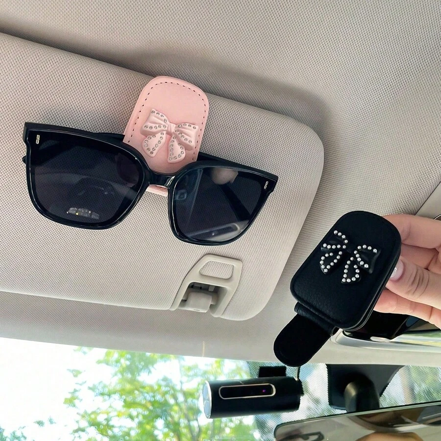 Car Sunglasses Holder, Magnetic Leather Sunglasses Clip, Car Visor Glasses Hook, Car Interior Visor Accessories,Bow Glasses Holder