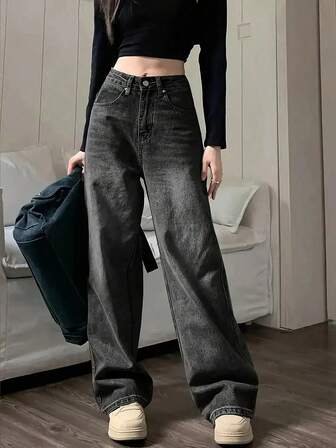 Teen Girls' Fashion Versatile Black Wide Leg Pockets Casual Jeans