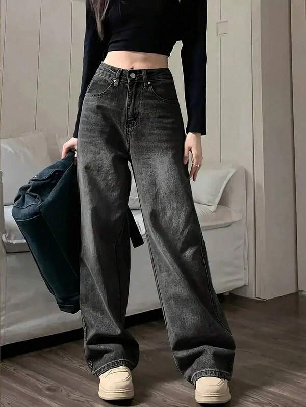 Teen Girls' Fashion Versatile Black Wide Leg Pockets Casual Jeans
