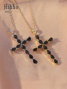 Hihho 1 件黑色不锈钢十字架项链，时尚唇链十字架吊坠首饰 - 十字 - 查看 1