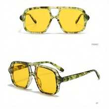 1 Pcs/Set, Fashionable Oversized Double-Bridge Sunglasses Multiple Colors Available Perfect For Daily Dates, Commuting, Street Style Outfits, Or As Gifts Includes Eyewear Case - xanh lá cây-vàng - Xem 2
