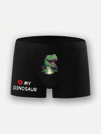 1 Piece Men's Boxer Briefs, Cute Dinosaur Print Pattern, Kiss MY DINOSAUR Fun Pattern, Breathable And Comfortable Men's Underwear, For Daily Wear