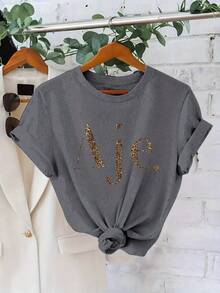 Letter Leopard Print Fashion Casual Short Sleeve Pullover Sweatshirt Women's Round Neck T-Shirt