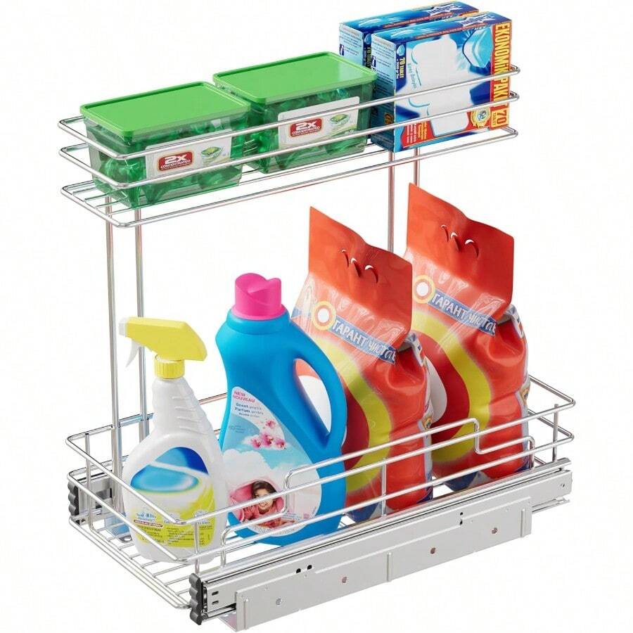 Under Sink Organizer 9" W X17 D Pull Out Cabinet Organizer 2 Tier Under Sink Slide Out Chrome Plated Under Kitchen Bathroom Organizer Pantry Cabinet Closet Organization Rack 1 Pack