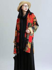 LUZU JUNU Women's Trench Coat Floral Print Long Cotton Linen Jacke Cottagecore Clothing Patchwork Outwear Bohemian Unique - 黃色夾克毛絨襯裡 - 查看 4