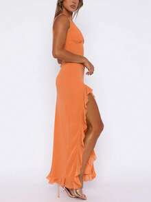 European And American Style Women's Summer New Ruffle Hem Party Clubwear Dress, Versatile Evening Gown Wedding Spring - Orange - View 5