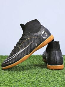 男士足球鞋，专业高帮足球鞋，室内五人制训练鞋 - 黑色 - 查看 3