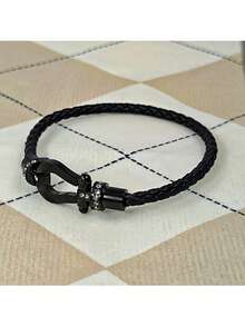 1pc Fashionable Minimalist U-Shaped Micro-Inlaid Half-Brick Magnetic Buckle Braided Leather Bracelet, Unisex Daily Wear, Holiday Gift