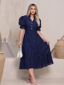 Women's Fashion Midi Dress In 3D Laise Fabric With Elastex On The Back And Button On The Front And Lining - 海軍藍.3d - 查看 1