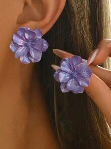 1 对简约百搭夸张山茶花和珍珠耳钉，适合女士 - 白色 - 查看 3