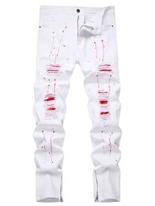 Men's Stretch White Slim-Fit Jeans With Ink-Stained Patterns, Suitable For Fashionable Casual Wear. - trắng - Xem 1