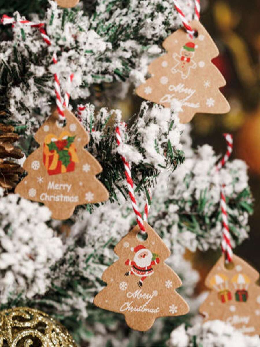 48 szt. Vintage choinka z napisem graficznym do pakowania prezentów ze sznurkami, papierowa etykieta dekoracyjna z motywem Świętego Mikołaja i bałwana na świąteczne upominki - Wielokolorowe - Zobacz 1