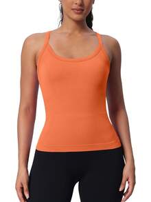 MathCat Workout Tank Tops For Women With Built In Bra, Sleeveless Gym Tops Seamless Racerback Athletic Yoga Shirts - 橘色 - 查看 2