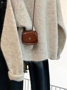 女式 Polo 领插肩袖休闲宽松针织毛衣，秋冬 - 黑色 - 查看 2