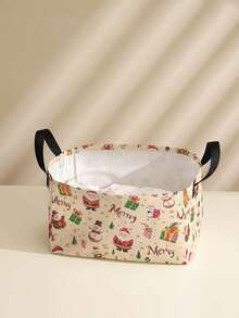 1pc Christmas Santa Claus & Christmas Tree Print Storage Basket, Open-Top Storage Box With Handle, Multi-Purpose Storage Basket For Daily Organizing, Home, Clothing, Socks, Suitable For Living Room, Bedroom, Room Organization - Multicolor - View 5
