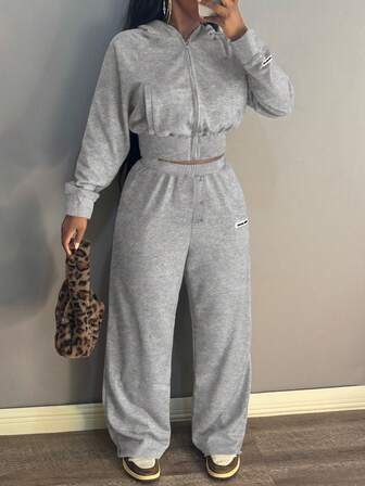 Women'S Casual Hooded Long-Sleeved Zipper Sweatshirt And Straight Button-Decorated Pants 2 Pieces Set Fall Clothes For Women