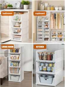 Phyllia 4 件装衣柜收纳整理箱，可堆叠塑料折叠抽屉篮，适用于厨房橱柜、食品储藏室、办公室、卧室、浴室，白色。可收纳衣柜内各种物品，也可将轻便物品存放于多个位置。可堆叠塑料收纳篮，可折叠衣柜整理箱，4 件装抽屉架收纳盒，适用于衣柜、厨房、浴室、办公室、宿舍，白色。