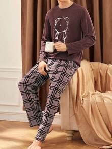 Herbst- und Winterpyjamas für Herren mit rundem Ausschnitt, Bärenmuster-Muster, Langarm-Oberteil & karierter Muster-Hose, lässiger, einfacher Zweiteiler-Hausanzug